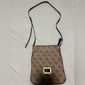Guess Brown Monogram Crossbody with Gold Plaque